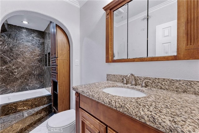 5071 Bushnell Ave, Riverside, CA 92505 - bathroom with crown molding, vanity, a combined bath / shower with marble appearance, and a textured wall