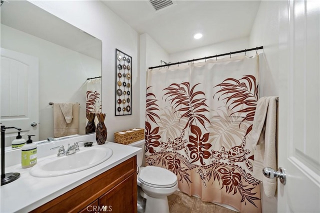 29377 Wyatt Earp Way, Winchester, CA 92596 - bathroom with vanity, toilet, tile patterned flooring, a shower with shower curtain, and recessed lighting
