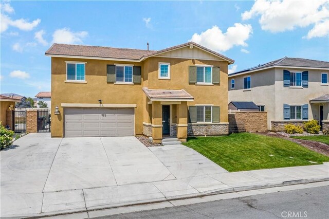 29377 Wyatt Earp Way, Winchester, CA 92596 - view of front of property with a garage, stucco siding, concrete driveway, stone siding, and a gate
