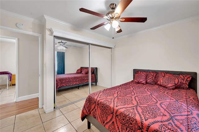 507 W La Jolla St, Placentia, CA 92870 - bedroom with crown molding, a closet, light tile patterned flooring, and a ceiling fan