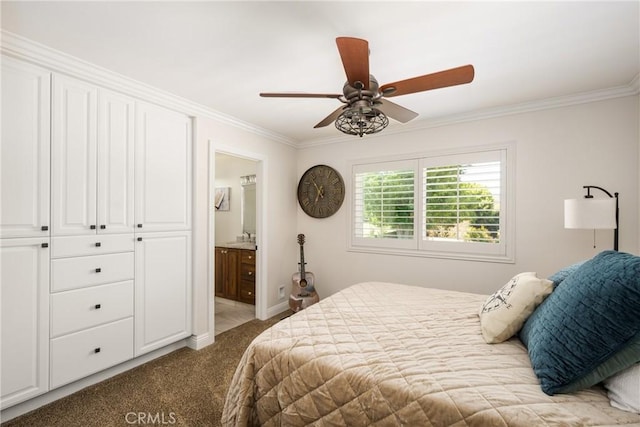 6021 Saddletree Ln, Yorba Linda, CA 92886 - carpeted bedroom featuring crown molding, ensuite bathroom, and ceiling fan