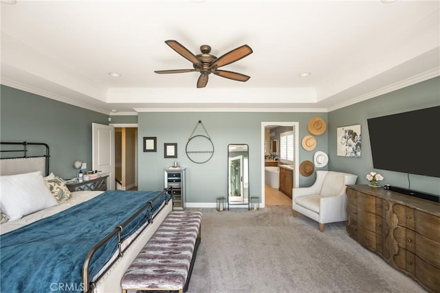 6021 Saddletree Ln, Yorba Linda, CA 92886 - carpeted bedroom featuring a tray ceiling, ornamental molding, and ceiling fan