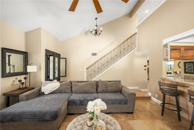 6021 Saddletree Ln, Yorba Linda, CA 92886 - living area featuring high vaulted ceiling, a ceiling fan, stairway, and light tile patterned flooring
