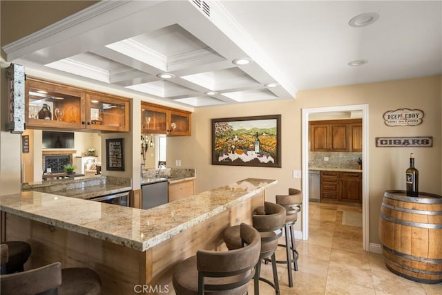 6021 Saddletree Ln, Yorba Linda, CA 92886 - indoor wet bar featuring decorative backsplash, coffered ceiling, beam ceiling, recessed lighting, and light tile patterned floors