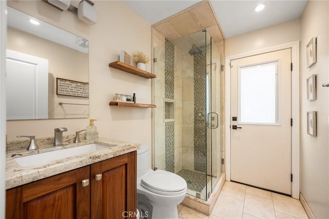6021 Saddletree Ln, Yorba Linda, CA 92886 - full bathroom featuring vanity, a shower stall, tile patterned flooring, and recessed lighting