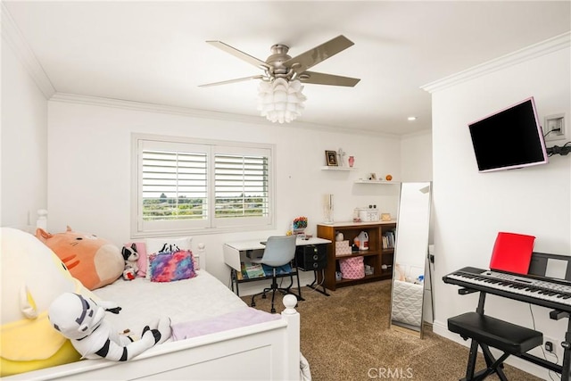 6021 Saddletree Ln, Yorba Linda, CA 92886 - carpeted bedroom with ornamental molding and a ceiling fan