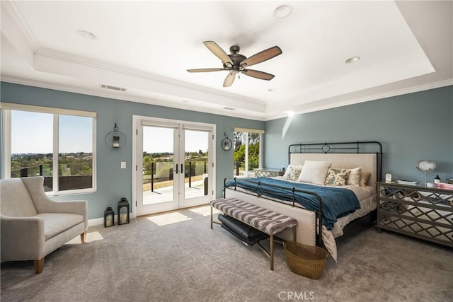 6021 Saddletree Ln, Yorba Linda, CA 92886 - carpeted bedroom with a tray ceiling, french doors, access to outside, crown molding, and ceiling fan