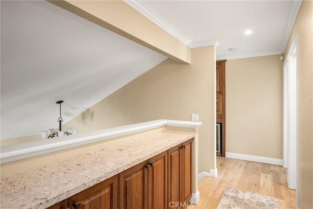 6021 Saddletree Ln, Yorba Linda, CA 92886 - bar area with light wood-style flooring, ornamental molding, and recessed lighting