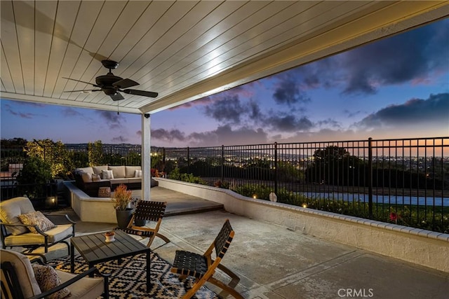 6021 Saddletree Ln, Yorba Linda, CA 92886 - fenced backyard with an outdoor living space, a patio area, and ceiling fan
