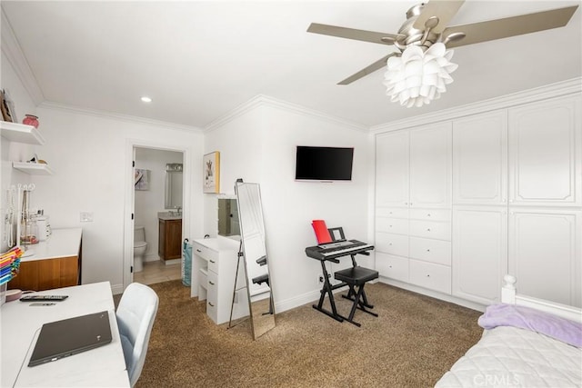6021 Saddletree Ln, Yorba Linda, CA 92886 - bedroom with light carpet, crown molding, ensuite bathroom, ceiling fan, and recessed lighting
