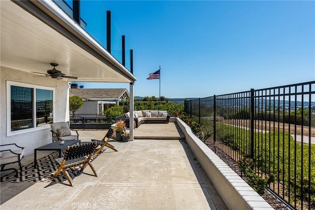 6021 Saddletree Ln, Yorba Linda, CA 92886 - fenced backyard with outdoor lounge area, ceiling fan, and a patio area