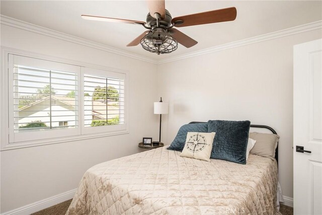 6021 Saddletree Ln, Yorba Linda, CA 92886 - bedroom with ornamental molding, a ceiling fan, and carpet flooring