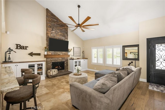 6021 Saddletree Ln, Yorba Linda, CA 92886 - living area featuring high vaulted ceiling, ceiling fan, and a fireplace