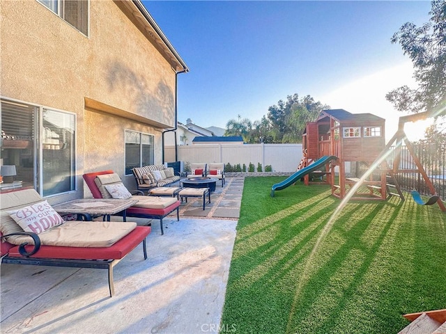 795 Donatello Dr, Corona, CA 92882 - fenced backyard with a playground, an outdoor hangout area, and a patio
