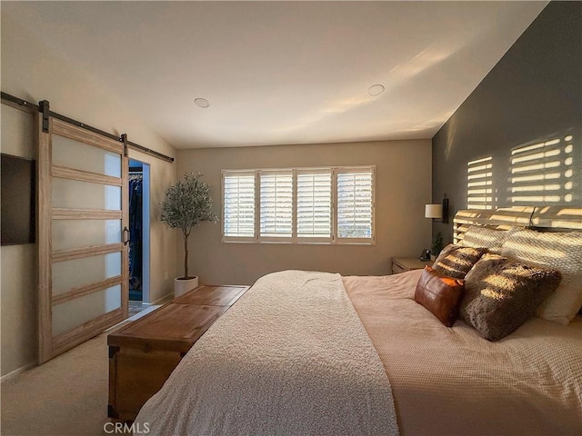 795 Donatello Dr, Corona, CA 92882 - bedroom featuring lofted ceiling, carpet, and a barn door