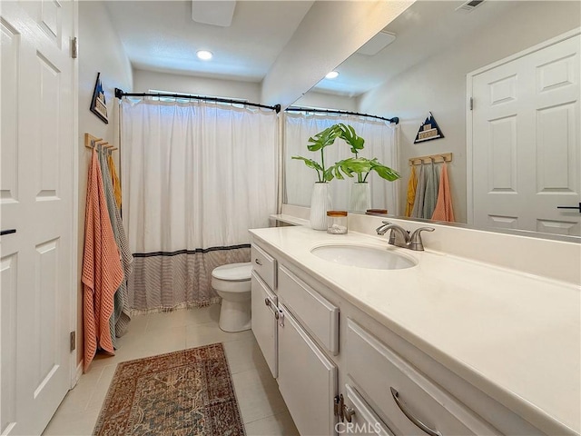 795 Donatello Dr, Corona, CA 92882 - bathroom featuring vanity, tile patterned floors, curtained shower, and recessed lighting