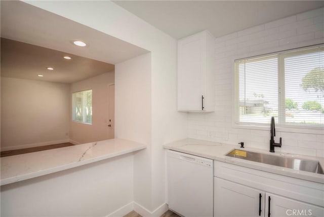 26769 Cherry Hills Blvd, Menifee, CA 92586 - kitchen with dishwasher, a sink, baseboards, white cabinetry, and recessed lighting