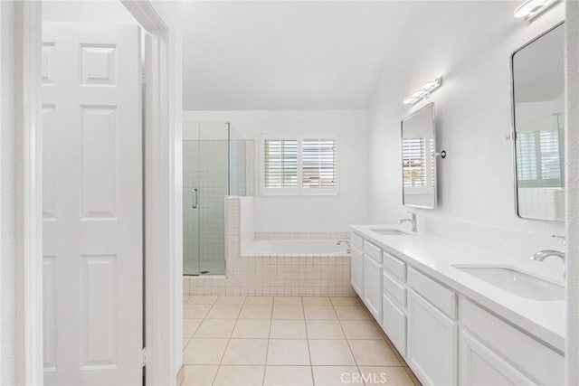 24545 Santa Clara Ave, Dana Point, CA 92629 - full bath featuring double vanity, a bath, tile patterned floors, and a stall shower