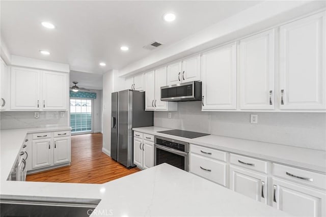 24545 Santa Clara Ave, Dana Point, CA 92629 - kitchen with appliances with stainless steel finishes, ceiling fan, recessed lighting, white cabinetry, and light countertops