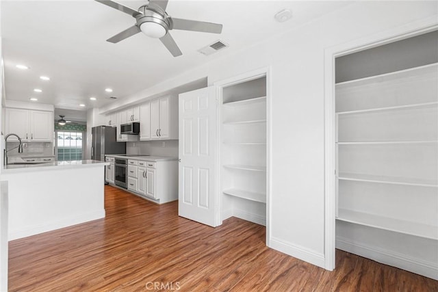 24545 Santa Clara Ave, Dana Point, CA 92629 - kitchen featuring appliances with stainless steel finishes, ceiling fan, white cabinetry, light countertops, and recessed lighting