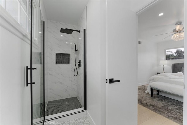17121 Simonds St, Granada Hills, CA 91344 - ensuite bathroom featuring a marble finish shower, baseboards, a ceiling fan, and recessed lighting