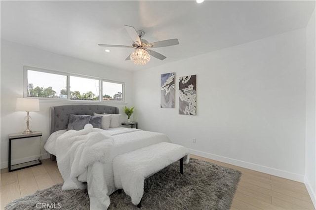 17121 Simonds St, Granada Hills, CA 91344 - bedroom featuring baseboards, recessed lighting, light wood-style floors, and a ceiling fan
