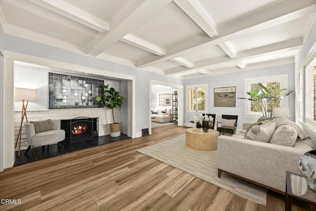 1920 Fletcher Ave, South Pasadena, CA 91030 - living room with coffered ceiling, wood finished floors, a brick fireplace, beamed ceiling, and baseboards
