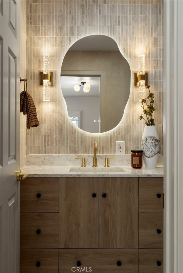 19851 Malaga Ln, Yorba Linda, CA 92886 - bathroom featuring vanity, tasteful backsplash, and tile walls
