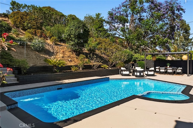 19851 Malaga Ln, Yorba Linda, CA 92886 - view of pool with a patio, a pool with connected hot tub, a fenced backyard, and outdoor lounge area