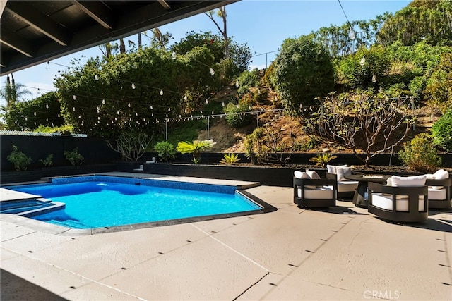 19851 Malaga Ln, Yorba Linda, CA 92886 - view of swimming pool featuring a patio area, an outdoor living space, a fenced backyard, and a pool with connected hot tub