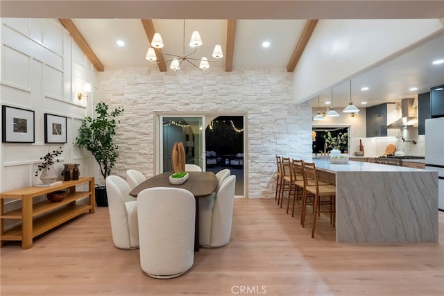 19851 Malaga Ln, Yorba Linda, CA 92886 - dining room featuring beamed ceiling, light wood-type flooring, and a chandelier
