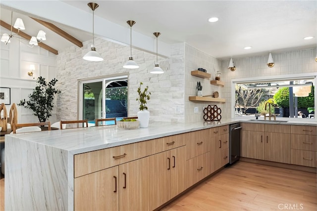 19851 Malaga Ln, Yorba Linda, CA 92886 - kitchen with light brown cabinets, light stone counters, a peninsula, light wood-style floors, and open shelves