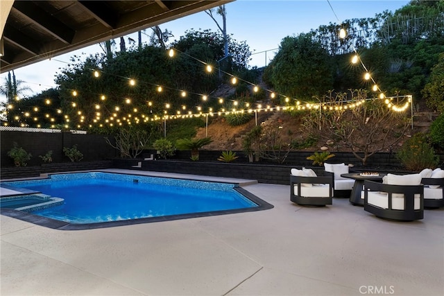 19851 Malaga Ln, Yorba Linda, CA 92886 - view of pool with a patio area, an outdoor living space with a fire pit, a pool with connected hot tub, and a fenced backyard