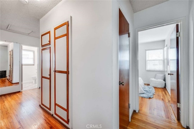 1206 W 187th Pl, Gardena, CA 90248 - corridor featuring attic access, light wood-style flooring, a textured ceiling, and plenty of natural light