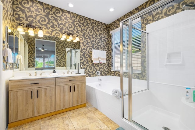84290 Tramonto Way, Indio, CA 92203 - bathroom with wallpapered walls, a stall shower, a garden tub, double vanity, and healthy amount of natural light