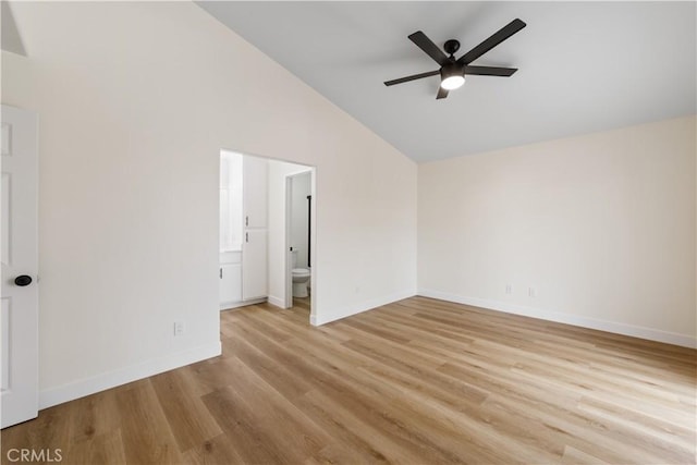 44505 Galicia Dr, Hemet, CA 92544 - empty room with a ceiling fan, light wood-style floors, baseboards, and high vaulted ceiling