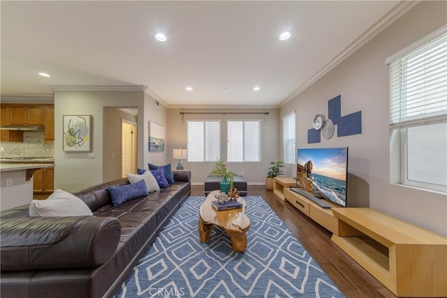1123 Klose Ln, Fullerton, CA 92833 - living area with ornamental molding, dark wood-type flooring, recessed lighting, and baseboards