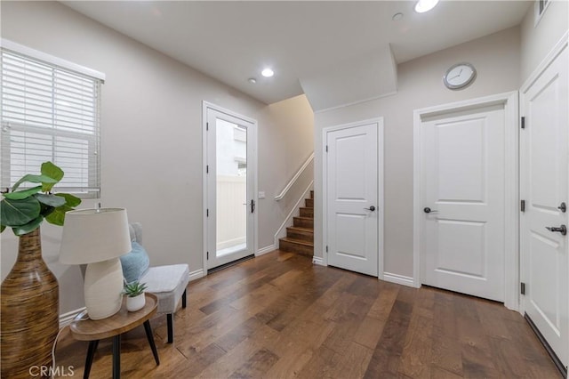 1123 Klose Ln, Fullerton, CA 92833 - entryway with dark wood-style flooring, stairs, recessed lighting, and baseboards