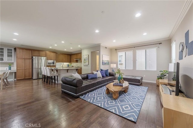 1123 Klose Ln, Fullerton, CA 92833 - living room featuring crown molding, dark wood-style floors, recessed lighting, and baseboards