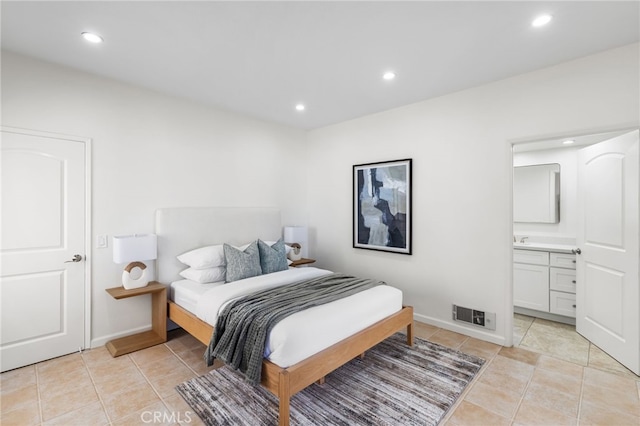 3012 W Oceanfront, Newport Beach, CA 92663 - bedroom with recessed lighting, light tile patterned floors, and ensuite bathroom