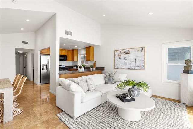 3012 W Oceanfront, Newport Beach, CA 92663 - living area featuring high vaulted ceiling and recessed lighting