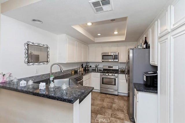 2285 Arabian Way, Corona, CA 92879 - kitchen featuring appliances with stainless steel finishes, a peninsula, a tray ceiling, white cabinets, and recessed lighting