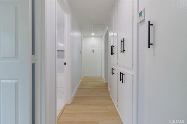 25411 Cottage Ave, Loma Linda, CA 92354 - hallway with light wood-style flooring, attic access, and recessed lighting