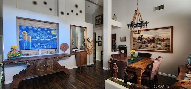 1447 Genoa Ln, San Jacinto, CA 92583 - dining area with wood finished floors, a chandelier, and high vaulted ceiling