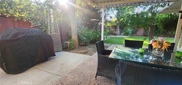 1447 Genoa Ln, San Jacinto, CA 92583 - fenced backyard featuring outdoor dining area, area for grilling, and a patio