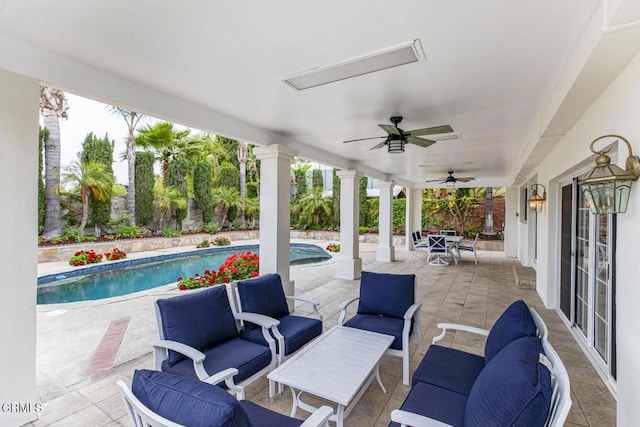 8857 Bluffdale Dr, Sun Valley, CA 91352 - view of patio / terrace featuring ceiling fan, an outdoor living space, and an outdoor pool