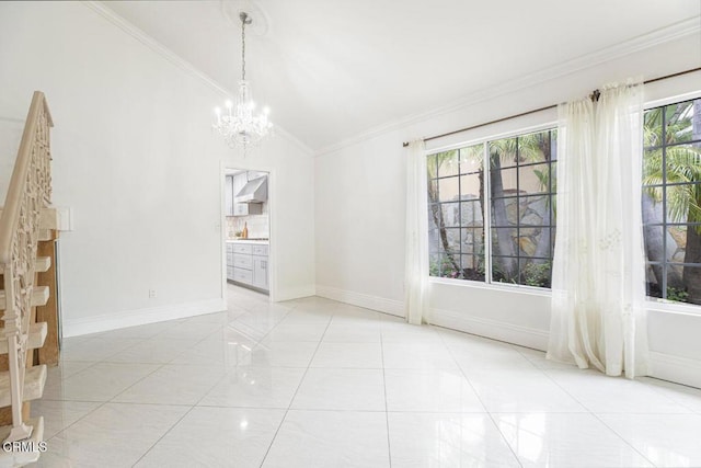 8857 Bluffdale Dr, Sun Valley, CA 91352 - unfurnished room featuring crown molding, a chandelier, lofted ceiling, plenty of natural light, and stairway