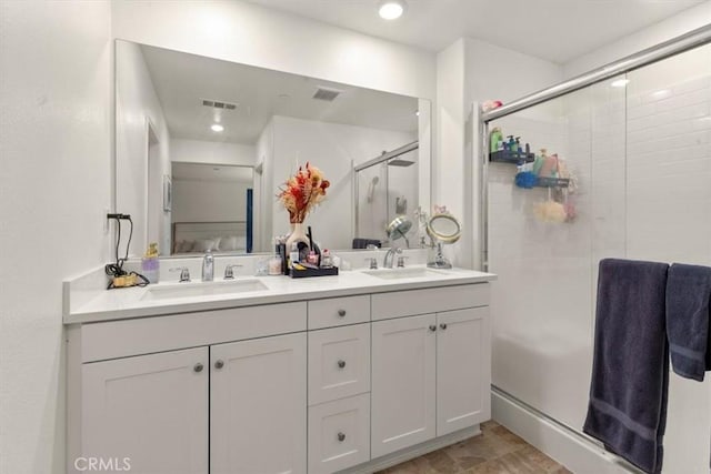 1023 Barberry Ln, Calimesa, CA 92320 - bathroom featuring a stall shower, double vanity, and recessed lighting