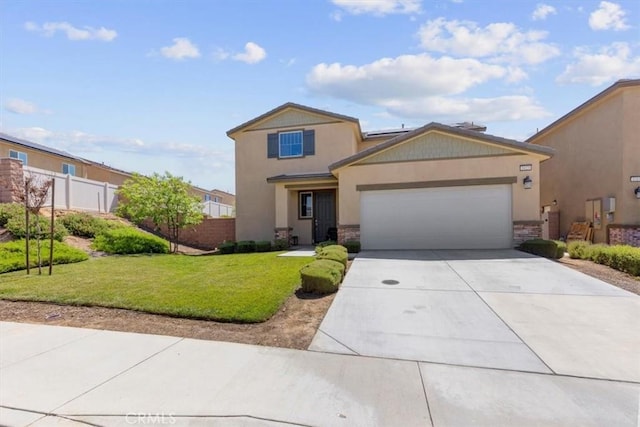1023 Barberry Ln, Calimesa, CA 92320 - view of front of house with stone siding, a garage, concrete driveway, and stucco siding