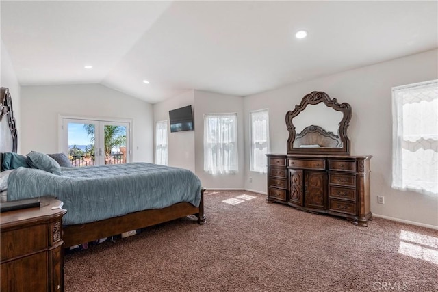 24101 Crowned Partridge Ln, Murrieta, CA 92562 - bedroom featuring access to exterior, carpet flooring, lofted ceiling, and recessed lighting